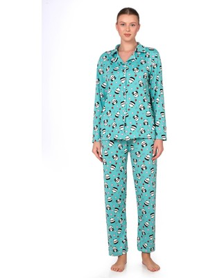 Kompedan Lizbon Kumaş İçi Şardonlu Kırmızı Kış Desenli Önden Düğmeli Kadın Pijama Takımı