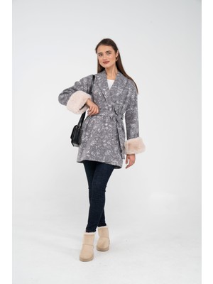 SASILVA Desenli Kürk Manşet Detaylı Kuşaklı Kadın Kaban 1766