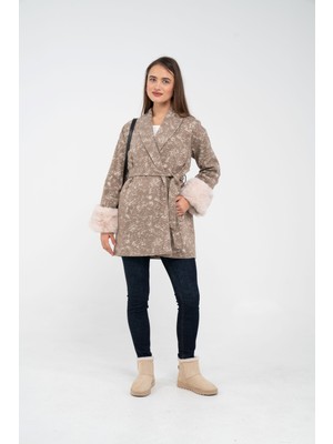 SASILVA Desenli Kürk Manşet Detaylı Kuşaklı Kadın Kaban 1766