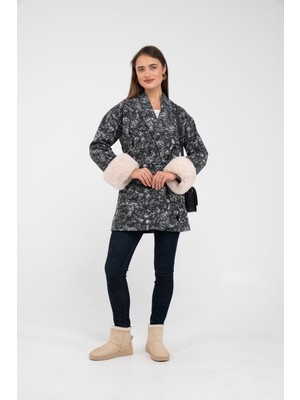 SASILVA Desenli Kürk Manşet Detaylı Kuşaklı Kadın Kaban 1766