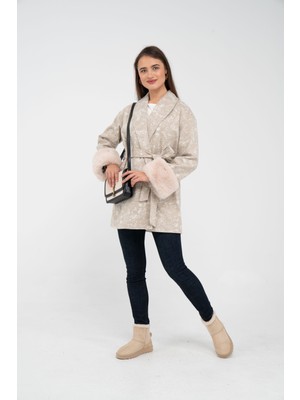 SASILVA Desenli Kürk Manşet Detaylı Kuşaklı Kadın Kaban 1766