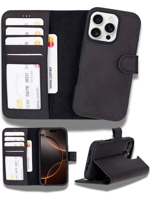 PLM Apple iPhone 16 Pro Max Uyumlu, Hakiki Deri, El Yapımı, Cüzdanlı Kılıf, Mat Siyah