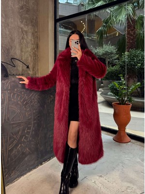 Miss Swans Loyra Kruvaze Yaka Uzun Kürk Kaban Bordo