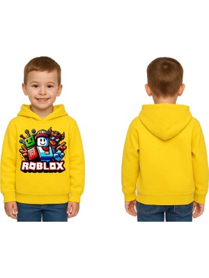 Sedirli Unisex Roblox Baskılı Çocuk Swaetshirt  Baskılı Kapüşonlu 3 Iplik Şardonlu