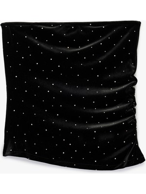 Koton Drape Detaylı Taşlı Straplez Kadife Bluz