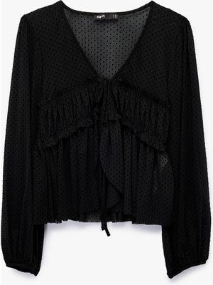 Koton Uzun Kollu Önden Bağlama Detaylı Fırfırlı Puantiyeli Tül Bluz