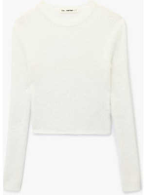 Koton Uzun Kollu Bisiklet Yaka Slim Fit Dokulu Triko Crop Kazak