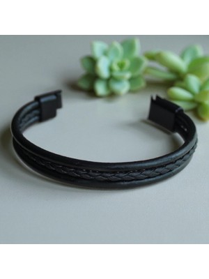 DEHNA Siyah Deri Bileklik Örgü Deri, Mıknatıs Kapama, Şık ve Modern Tasarım, 3 Beden