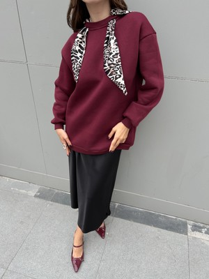 Minaaise Oversize Leopar Şal Detaylı Sweatshirts Bordo