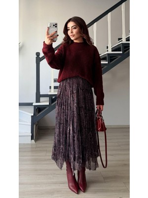 Oslove Bordo-Siyah Astarlı Bel Lastikli Asimetrik Etek