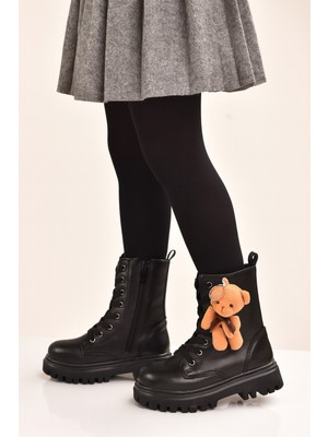 Minibonito Ortopedik Bağcıklı Fermuarlı Kız Çocuk Bot Ayakkabı Siyah Kız Çocuk Bot