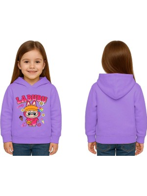 Sedirli Unisex Baskılı Çocuk Swaetshirt Labubu Baskılı Kapüşonlu 3 Iplik Şardonlu