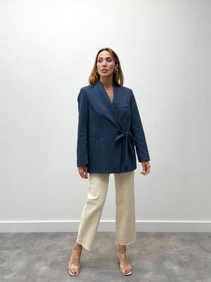 Maldia Shop Kadın Kruvaze Kuşaklı Bağlamalı Mavi  Ceket