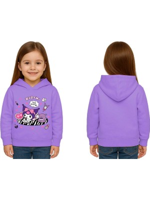 Sedirli Unisex Baskılı Çocuk Swaetshirt Kapüşonlu 3 Iplik Şardonlu Kuromi Baskılı
