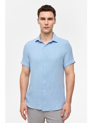 Mavi Regular Fit Kısa Kollu Düz Gömlek