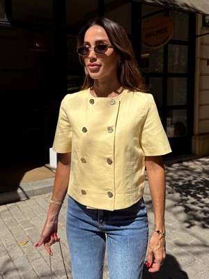 Maldia Shop Kadın Gold Düğme Crop Sarı Keten Ceket