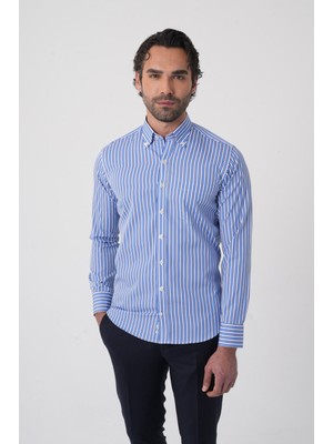 Bisse Uzun Kollu Paşa Yaka Regular Fit Erkek Mavi Cepli Gömlek GMCZG252149_C35