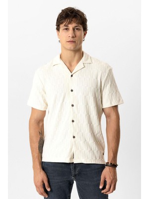 Back And Bond Ekru Regular Fit Küba Yaka Örme Kısa Kollu Gömlek