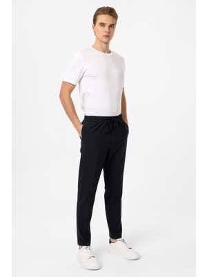 Lacivert Slim Fit Yan Cep Beli Bağcıklı Casual Pantolon