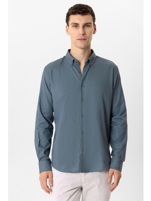 Back And Bond Gri Slim Fit Armürlü %100 Pamuk Gömlek