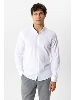 Back And Bond Beyaz Slim Fit Armürlü %100 Pamuk Gömlek