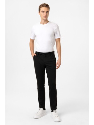 Siyah Slim Fit Beli Bağcıklı Jogger Pantolon