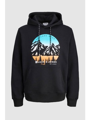 Jack & Jones Erkek Siyah Explorer Sweat Kapüşonlu Uzun Kollu Grafik Desen ile Standart Kesim