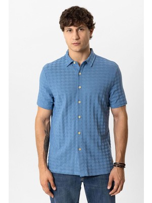 Back And Bond Mavi Regular Fit Desenli Kısa Kollu %100 Pamuk Gömlek