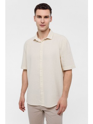 Bej Regular Fit %100 Pamuk Kısa Kollu Gömlek