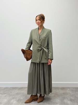 Maldia Shop Kadın Kruvaze Kuşaklı Bağlamalı Haki  Ceket