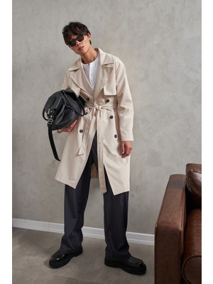 HYMAN Erkek Kruvaze Yaka Oversize Trençkot