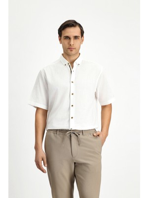 Kiğılı Kısa Kol Regular Fit Düğmeli Yaka Keten Görünümlü Pamuk Spor Gömlek