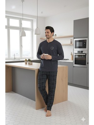 Sude Homewear Ercan Erkek Kareli Desenli Düğmeli Üst ve Alt Pijama Takımı Koyu Gri