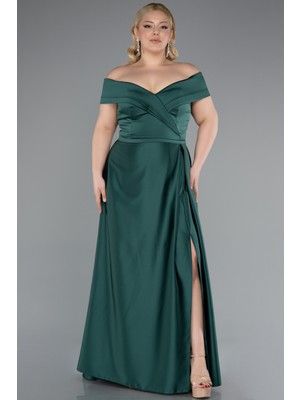 Abiyefon Kayık Yaka Uzun Saten Büyük Beden Abiye ABU2355