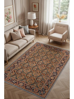 Homshtag Yanık Turuncu Renkli Vintage Tarz Çiçek Desenli Salon Halısı, Turuncu Halı, Maksimalist Ev Dekoru, Yıkanabilir Halı