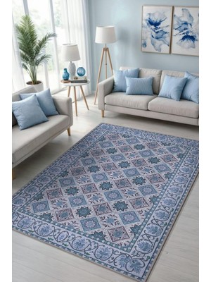 Homshtag Çiçekli Mavi Botanik Halı, Geomtrik Desenli Mavi Halı, Yıkanabilir Kaymaz Taban Halı