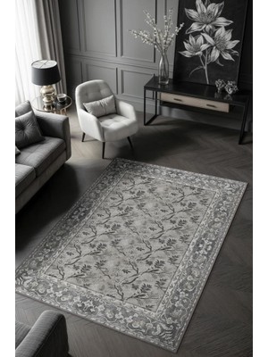 Homshtag Çiçek ve Kuş Desenli Antik Viktoryan Halı, Makinede Yıkanabilir Gri Tonlu Halı