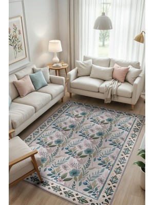 Homshtag El Çizimi Çiçek Desenli Yıkanabilir Oturma Odası Halısı, Ferah Salon Halısı,  Tamamlayıcı Pastel Oda Dekoru Halısı