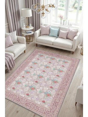 Homshtag Vintage Tarz Çiçek Desenli Pastel Oturma Odası Halısı, Pembe Halı, Maksimalist Ev Dekoru