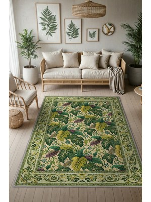 Homshtag Botanik Desenli Halı, Zeytin Yeşili Halı, Akdeniz Temalı Ev Dekoru, Yıkanabilir Dokuma Pamuk Tabanlı Halı