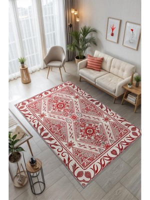Homshtag Stilize Çiçek Motifli Kırmızı Salon Halısı, Yıkanabilir Etnik Desenli Otantik Halı