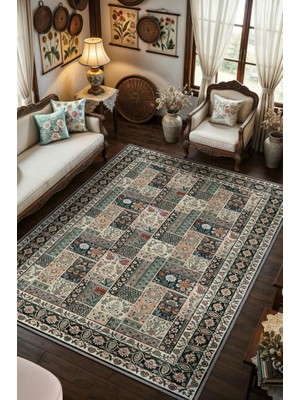Homshtag Geleneksel Türk ve Iran Halısı Desenli Patchwork Halı, Çiçek Detay Işlemeli Antik Tarz Yıkanabilir Halı