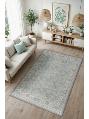 Homshtag Yıkanabilir Dokuma Pamuk Tabanlı Pastel Mavi Halı, Kıyı Temalı Bitki Desenli Salon Halısı