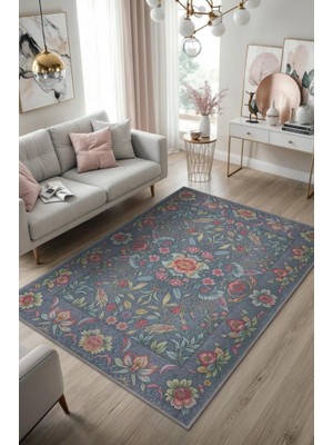 Homshtag Vintage Tarz Art Nouveau Çiçek Desenli Halı, Kırmızı Mavi Halı, Maksimalist Ev Dekoru, Yıkanabilir Dokuma Pamuk Tabanlı Kaymaz Tabanlı Halı