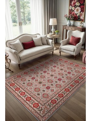 Homshtag Nar Rengi Çiçek Figürlü Antik Halı, Geleneksel Tarz Makinede Yıkanabilir Halı