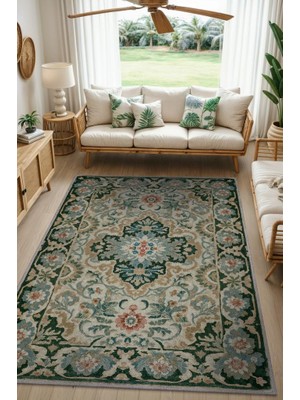 Homshtag Iran Halısı Tarzı Makinede Yıkanabilir Vintage Halı, Yeşil Mavi Halı, Şönil Halı