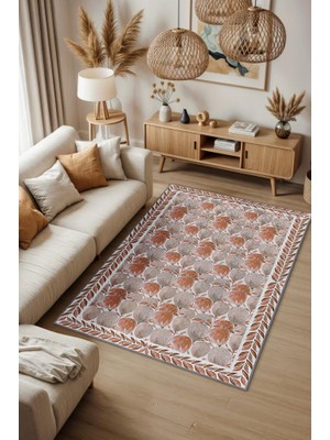 Homshtag Terrakota Bitki Desenli Halı, Suluboya Efektli Turuncu Halı, Soyut Meyve Desenli Yıkanabilir Halı