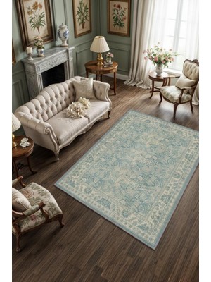 Homshtag Çiçek Desenli Halı Vintage Mavi Halı, Maksimalist Ev Dekoru, Yıkanabilir Dokuma Pamuk Tabanlı Tropikal Oda Dekoru Halısı