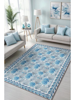 Homshtag Pastel Mavi Botanik Bohem Halı, Çiçek Desenli Salon Halısı, Yıkanabilir Dokuma Pamuk Tabanlı Kaymaz Tabanlı Halı