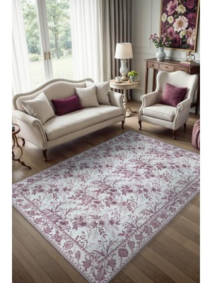 Homshtag Gül Pembesi Renkli Çiçek Desenli Vintage Salon Halısı, Romantik Oda Dekoru Için Yıkanabilir Dokuma Pamuk Tabanlı Halı